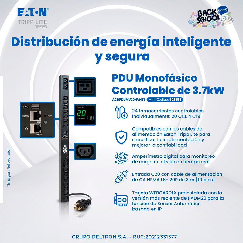 Pdu Para Rack Eaton Monofásico Controlable De 3.7Kw, 24 Tomas Controlables Individual